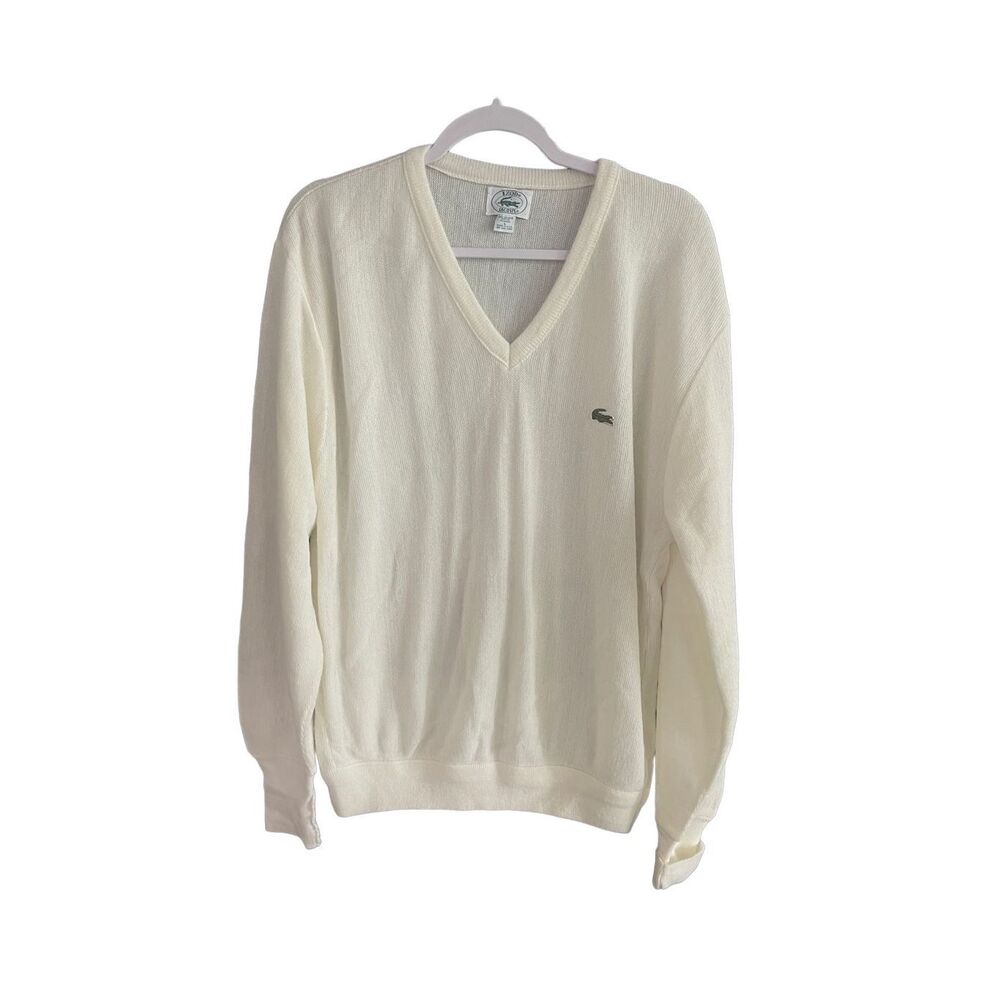 Lacoste Men's White Long Sleeve Orlon Acrylic Pullover V-Neck Sweater Size Large
